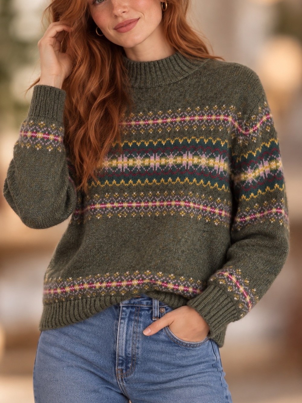 Vintage 90’s Casual Corner Heather Green Mock Neck Sweater Fair Isle Folk Sz L